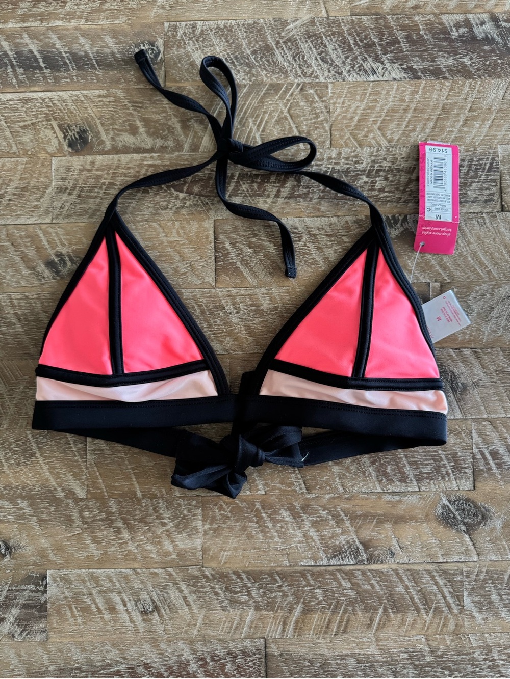 Xhilaration Coral Pink Triangle Swim Top with Black Trim